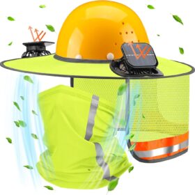 Solar Powered Hard Hat Cooling Fan Kit with Full Brim Neck Shade & High Visibility Reflective Mesh – Summer Heat Safety Gear for Construction & Landscaping (Fluorescent Yellow)