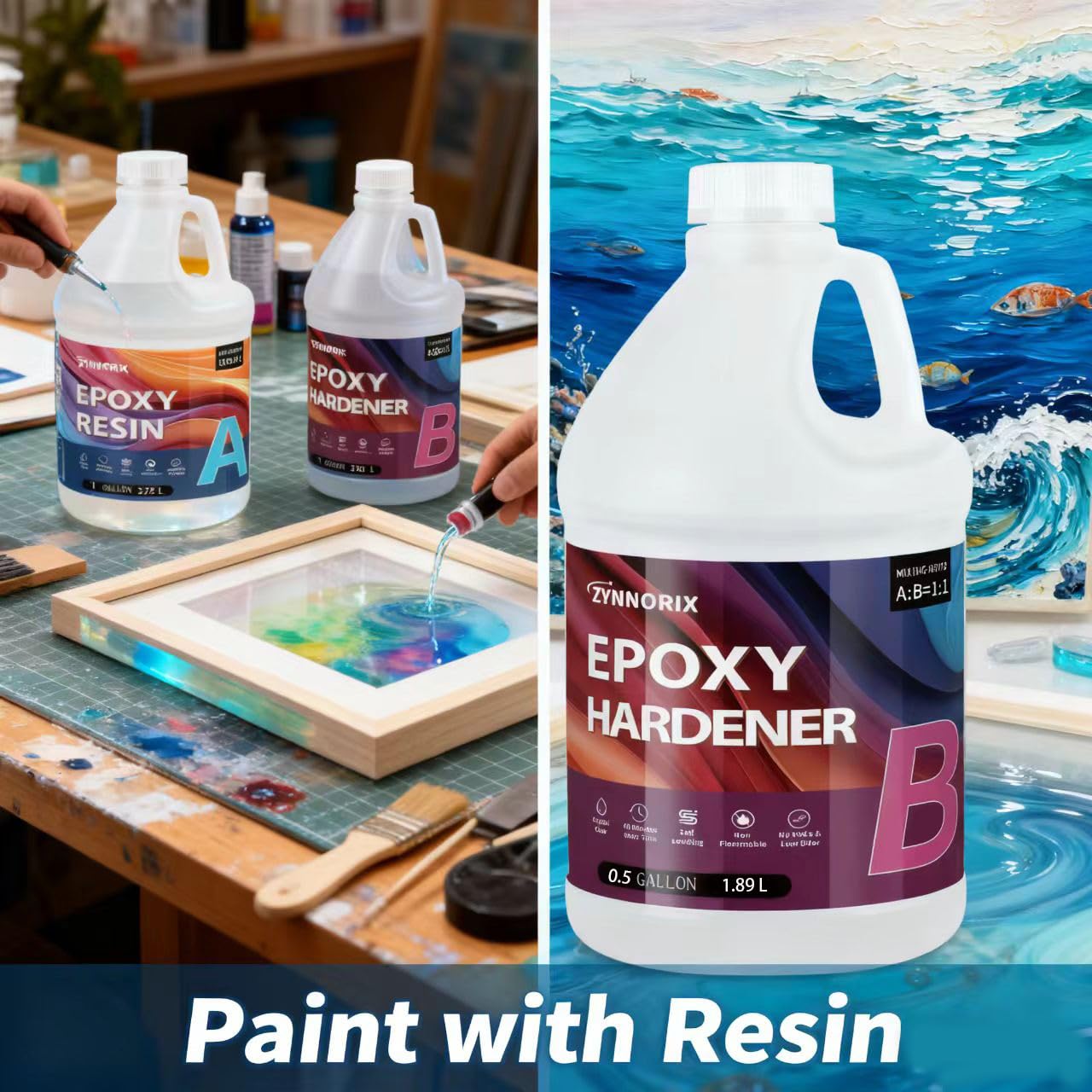 Zynnorix 1 Gallon Crystal Clear Epoxy Resin Kit – 1:1 Ratio, Self-Leveling & UV Resistant for River Tables, Woodworking, DIY Art & Casting