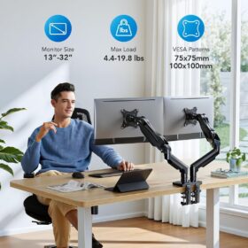 HUANUO Dual Monitor Stand – Full Motion Desk Mount for 13-32 inch Screens, VESA 75x100mm, Integrated Cable Management, C-Clamp & Grommet Base Included