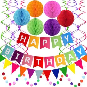 Fecedy All-Inclusive Happy Birthday Party Decoration Kit – Colorful Banner, Honeycomb Balls, Confetti & Swirls