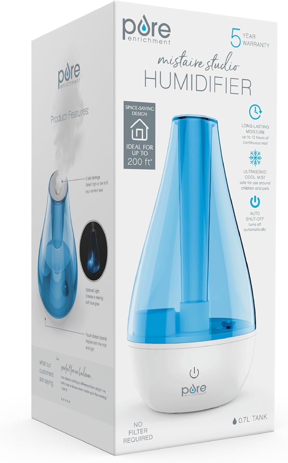 Pure Enrichment MistAire Studio Ultrasonic Cool Mist Humidifier – Compact, Whisper-Qiet Bedroom & Office Humidifier with Night Light & Auto Shut-Off