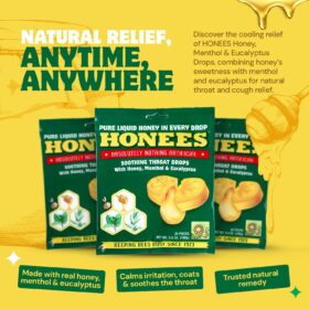 HONEES Honey Menthol Cough Drops - 20 Count Bag of Soothing Honey-Filled Lozenges for Sore Throat Relief