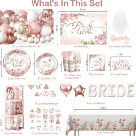 Cocomigo Rose Gold Bridal Shower Decorations (330-Piece Kit) – Complete 'Bride to Be' Party Set with 350gsm Tableware, Balloon Arch, Photo Props, Veil & Sash for 25 Guests