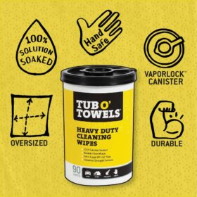 Tub O' Towels TW90 Heavy-Duty Multi-Surface Cleaning Wipes – 90 Count (10" x 12") – Moist Towels with Aloe & Vitamin E – Removes Grease, Tar, Ink, and Scuffs – Perfect for Auto, Home, and Shop