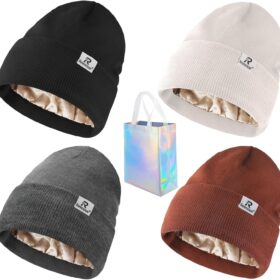 Reeooue Satin Lined Winter Beanie - Premium Knit Skull Cap for Hair Protection & Warmth