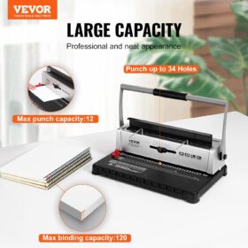 VEVOR Coil Binding Machine – 34-Hole Manual Book Binder, 120-Sheet Capacity, Adjustable Margin Punch for Letter, A4, and A5 Paper