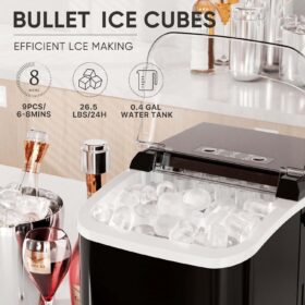 DUMOS Countertop Ice Maker with Handle - 26 lbs/Day Portable Ice Machine, Self-Cleaning, 9 Cubes in 6 Mins, Quiet Compact Bullet Ice Maker for Kitchen, Home, Bar, RV & Camping (Black)