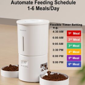 Miaosical Automatic Cat Feeder with Dual Stainless Steel Bowls – 6 Meals/Day, 10s Recorder, Anti-Jam Design for Multi-Cat Homes
