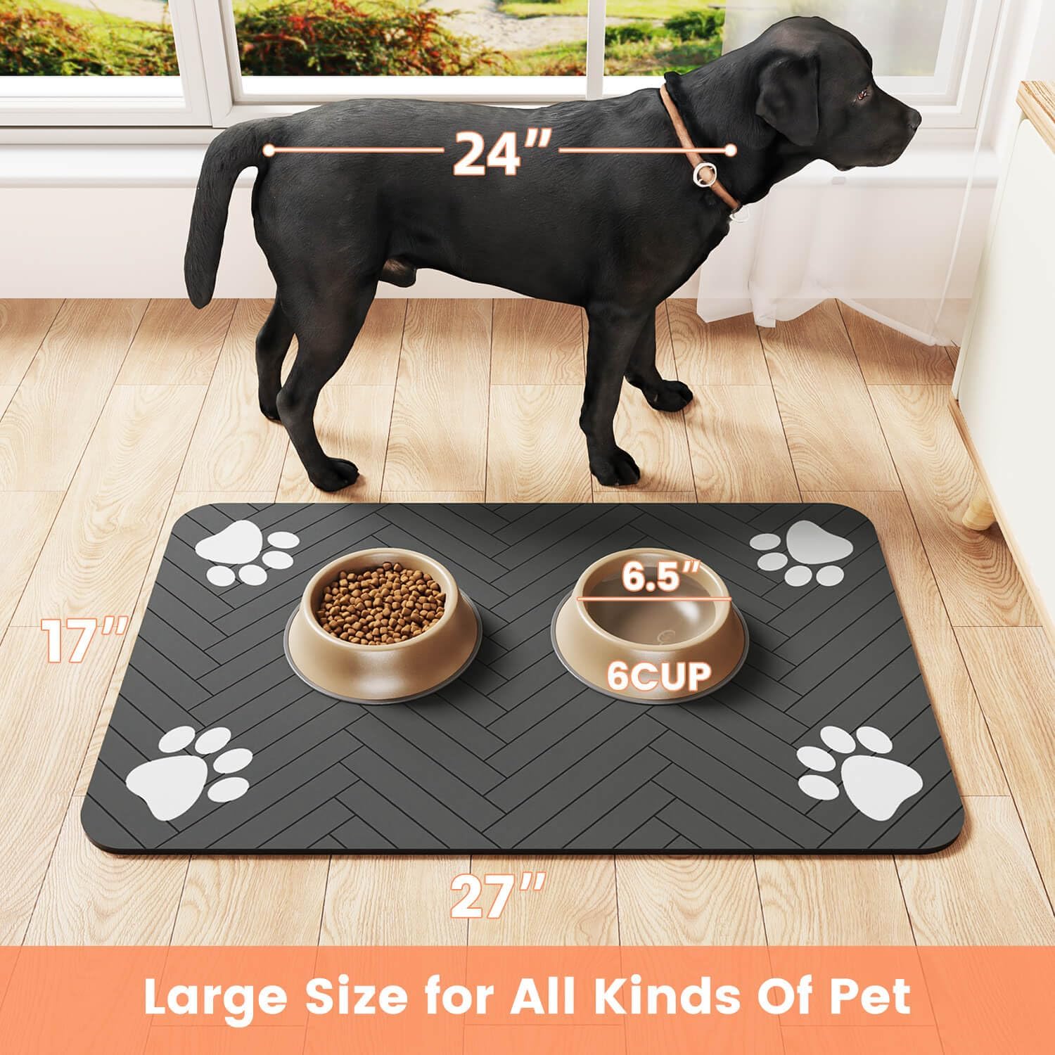 Premium Absorbent Pet Feeding Mat - Waterproof & Non-Slip Dog Cat Placemat - Quick Dry Food Bowl Mat for Floor Protection - Washable & Durable (Dark Gray Striped, 20"x12")
