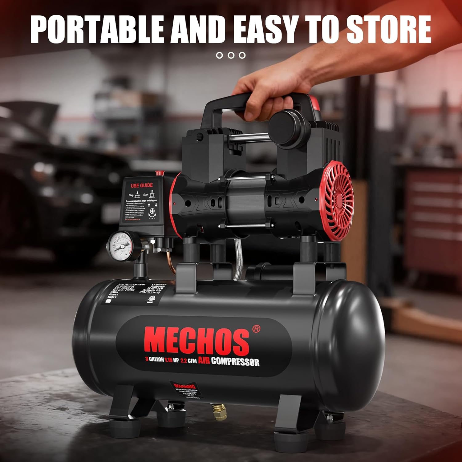 3 Gallon Ultra Quiet Oil-Free Portable Air Compressor – 1.15 HP, 115 PSI, Perfect for DIY, Nail Guns, and Tire Inflation