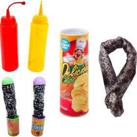Ultimate 5-Piece Prank Kit: 2 Snake Cans, Chip Can & Ketchup/Mustard Squeeze Bottles | Hilarious Gag Gift Set for April Fools, Parties & Adults