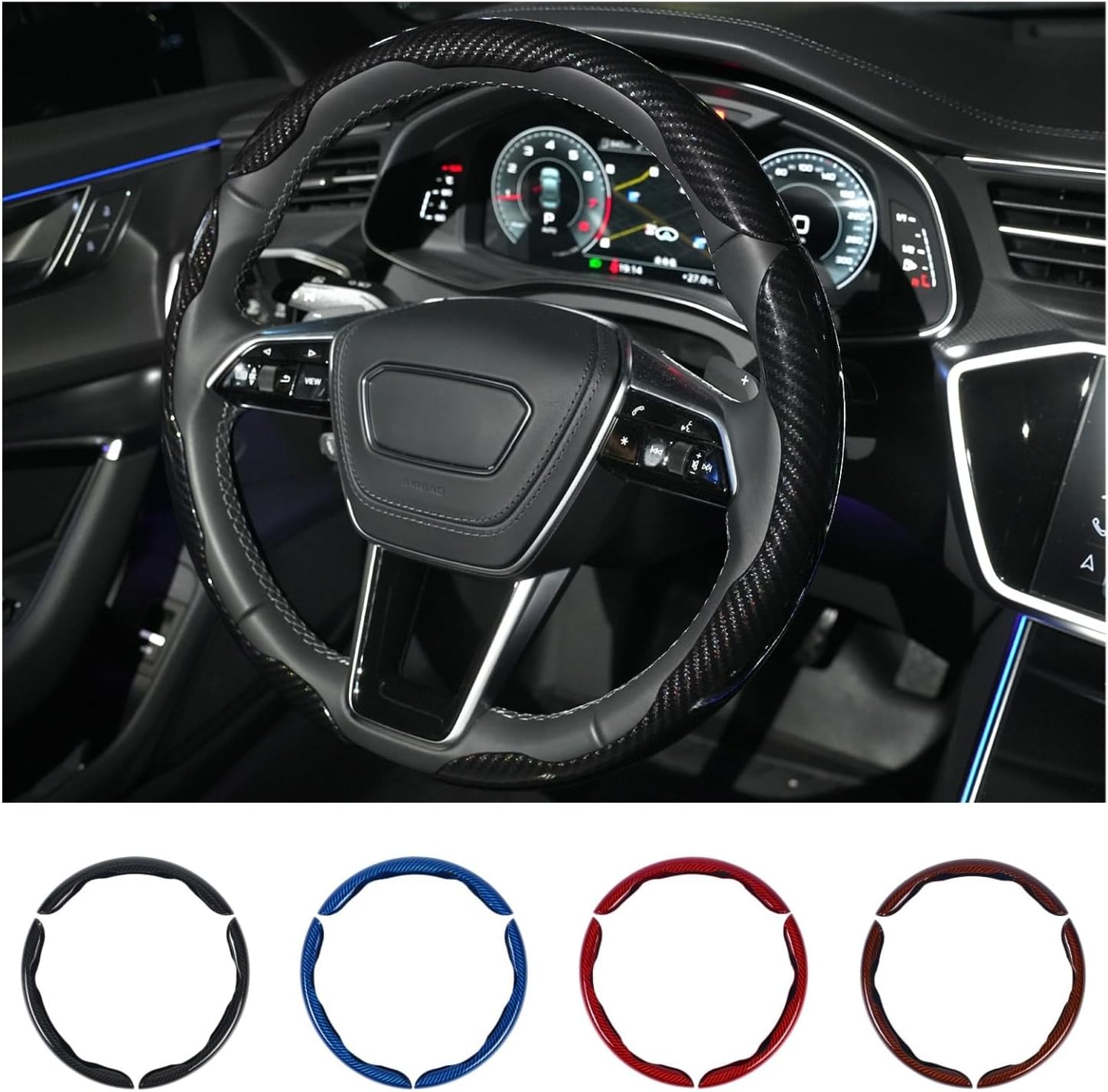 Carbon Fiber Steering Wheel Cover 3-Piece Set – Anti-Slip, Scratch-Resistant, Universal Fit for 14-16 Inch Wheels (Black)