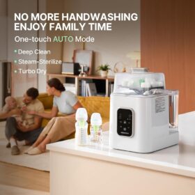 Baby Bottle Washer, Sterilizer and Dryer – All-in-One Pro Machine with Dual Water Inlet, Fishbone Spray Arm, & 168H Storage
