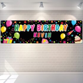 Tatuo Personalized Happy Birthday Banner - Black DIY Custom Name Backdrop with Alphabet Stickers, 72.8 x 17.7 Inch Polyester Fabric Party Decoration for Indoor & Outdoor Events