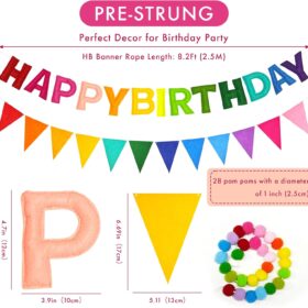 CANREVEL Pre-Assembled 3D Felt Rainbow Happy Birthday Banner Set - Reusable Party Decorations with Pom Pom & Triangle Bunting for Boys, Girls & Adults