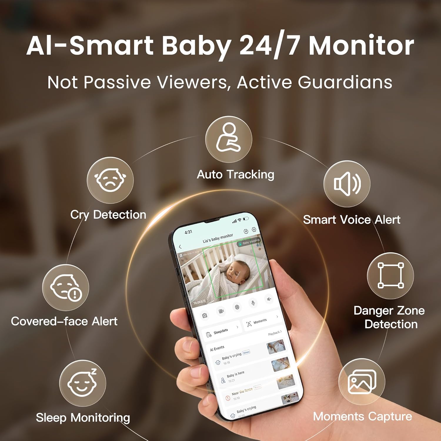 Monai 3K UHD Smart Baby Monitor with Camera and Audio - WiFi Baby Monitor with AI Cry Detection, No-Glow Night Vision, 32GB Storage, No Subscription Fees, Pan/Tilt/Zoom, Two-Way Audio