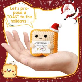 First Christmas as a Family of Four 2025 - Handmade Crochet Toast Ornament - Unique Pregnancy Announcement, New Mom & Dad Gift, or Dog Mom Present - Cute Holiday Stocking Stuffer & Tree Décor