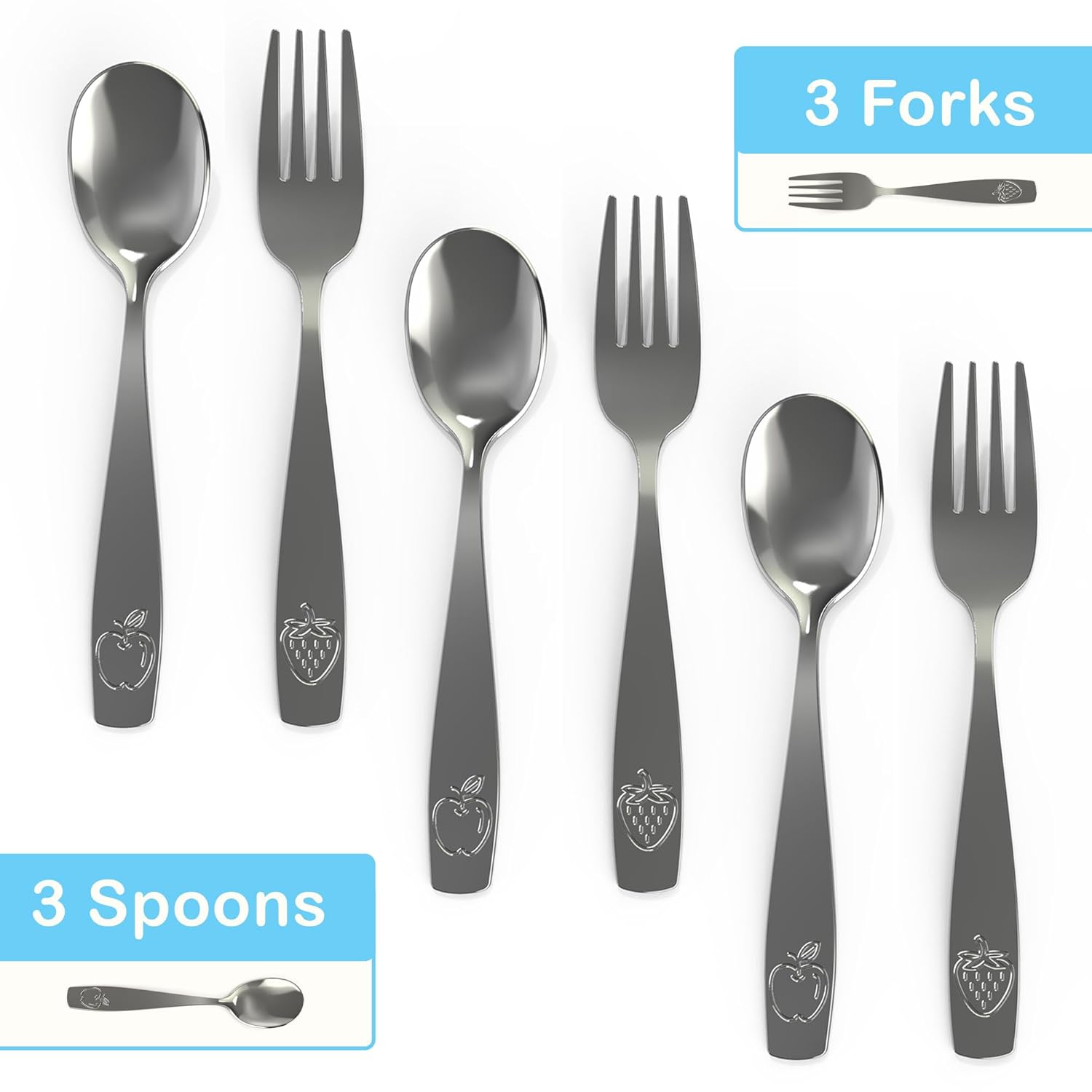 CHILLOUT LIFE 6-Piece Kids Stainless Steel Silverware Set – Ergonomic Toddler Flatware with Fruit Engravings (3 Spoons & 3 Forks)