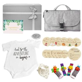 Ultimate Baby Shower Gift Set – Portable Diaper Pad, Sensory Rattle Socks, 'Let the Adventure Begin' Onesie & Milestone Cards – Perfect Unisex Registry Basket for Newborn Boys & Girls