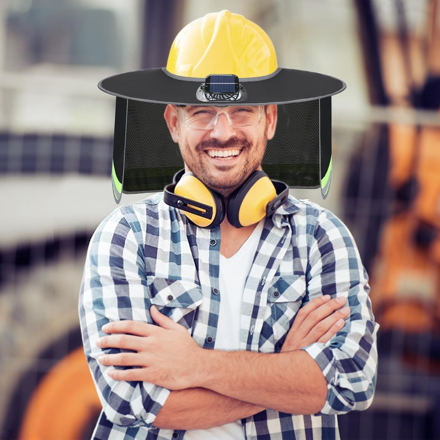 Solar Powered Cooling Hard Hat Accessory with Full Brim Sun Shade & Neck Shield - Rechargeable Dual-Mode Fan for Construction, Fishing, and Outdoor Work