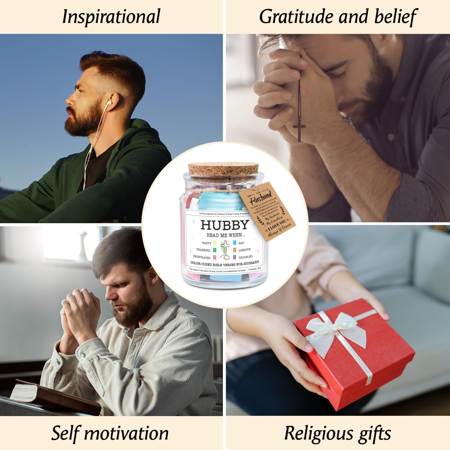 Inspirational Bible Verse Jar for Husband - Christian Gift for Men, Birthday, Anniversary & Valentine’s Day Present with Color-Coded Scripture Rolls