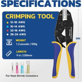 Haisstronica Ratcheting Wire Crimper Tool – Precision Terminal Crimper for Heat Shrink & Nylon Insulated Connectors (AWG 26-10) – Professional Electrical Wiring Pliers