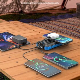 Solar Power Bank 49800mAh with Wireless Charging - 15W Fast QC 3.0 Portable Phone Charger, 4 Built-in Cables, Waterproof External Battery Pack with Flashlight for Camping & Outdoor Emergencies (Blue)