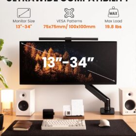 ErGear Single Monitor Arm – Fully Adjustable Gas Spring Desk Mount for 13 to 34 Inch Screens, Holds up to 19.8lbs with Tool-Free VESA Installation, Cable Management, and Integrated USB Pass-Through