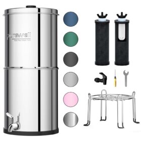 Purewell 2.25G Gravity Water Filter System - Ultra-Filtration Countertop Purifier with 0.01μm Filters, 304 Stainless Steel, Reduces 99% Chlorine - Stand Included, PW-OB