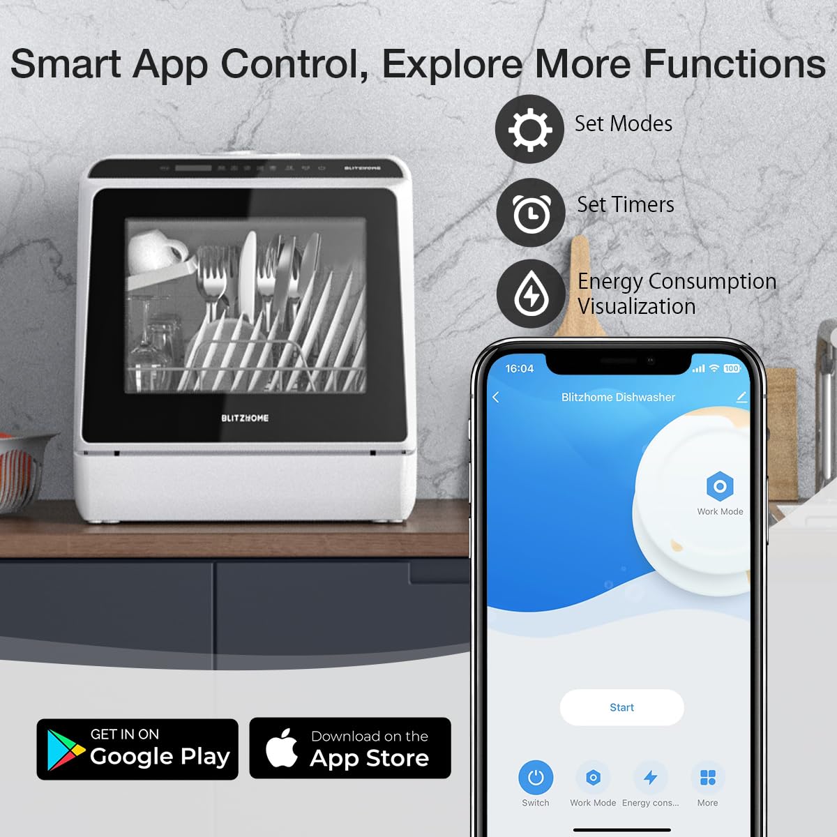 BLITZHOME Smart Countertop Dishwasher with Built-in Water Tank – Compact, Portable Dishwasher with App Control, 6 Programs & Air Dry for Apartments, RVs, and Dorms