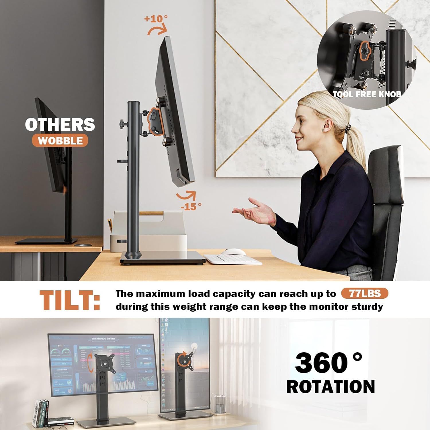 Single LCD Monitor Desk Stand Riser – Free-Standing Height Adjustable Mount with Swivel & Rotation for 13-32 inch Screens (VESA 100x100, 77lb Capacity)