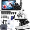Trinocular Compound Microscope with HD Camera – 40X-5000X Magnification, 195 Achromatic Objective Lens, Dual Mechanical Stage, and Complete 50-Piece Lab Accessory Kit