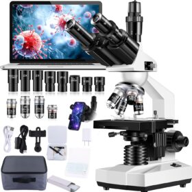 Trinocular Compound Microscope with HD Camera – 40X-5000X Magnification, 195 Achromatic Objective Lens, Dual Mechanical Stage, and Complete 50-Piece Lab Accessory Kit