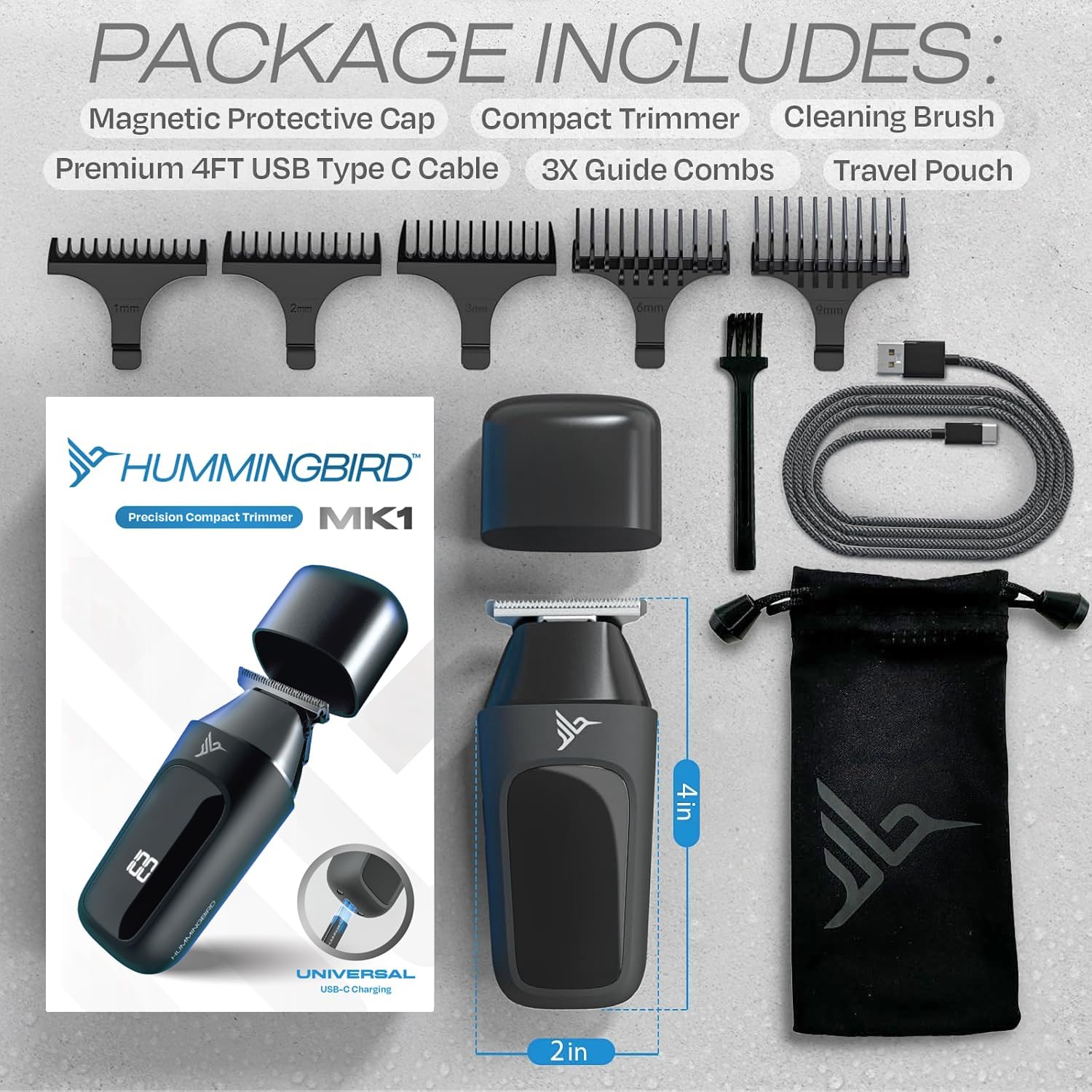 Hummingbird MK1 Compact Trimmer – Portable Cordless Beard & Body Groomer with T-Blade, USB-C Rechargeable, 60-Min Runtime & Travel Pouch