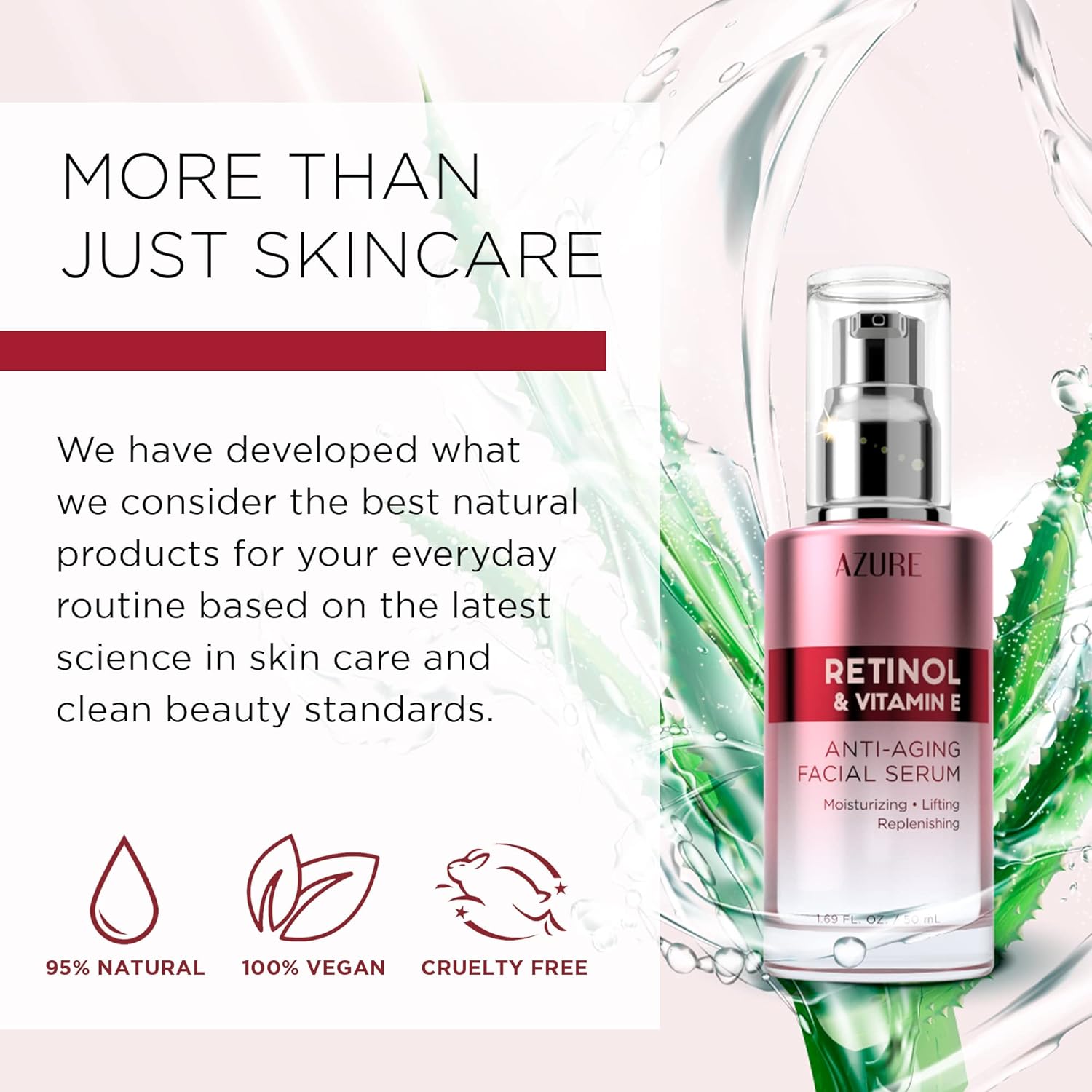 Azure Cosmetics Retinol Anti-Aging Serum – Vitamin E Treatment for Dark Spots, Wrinkles & Skin Smoothing – Vegan & Clean Beauty Formula – 1.69 fl oz