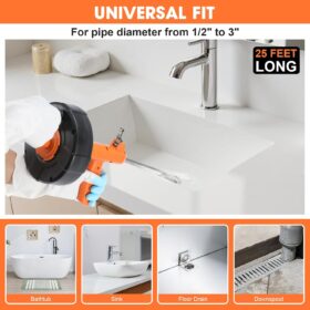 25 Ft Drain Snake with Drill Attachment – Auto Feed Drum Auger, Hair Clog Remover Tool for Kitchen, Bathroom & Shower Sinks – Includes Gloves