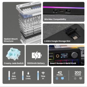 EPOMAKER TH99 PRO Mechanical Keyboard (96% Layout) - Smart Screen, Metal Knob, 10000mAh Battery, Tri-Mode Wireless, Hot-Swappable RGB for Mac & PC (Black, Creamy Jade)