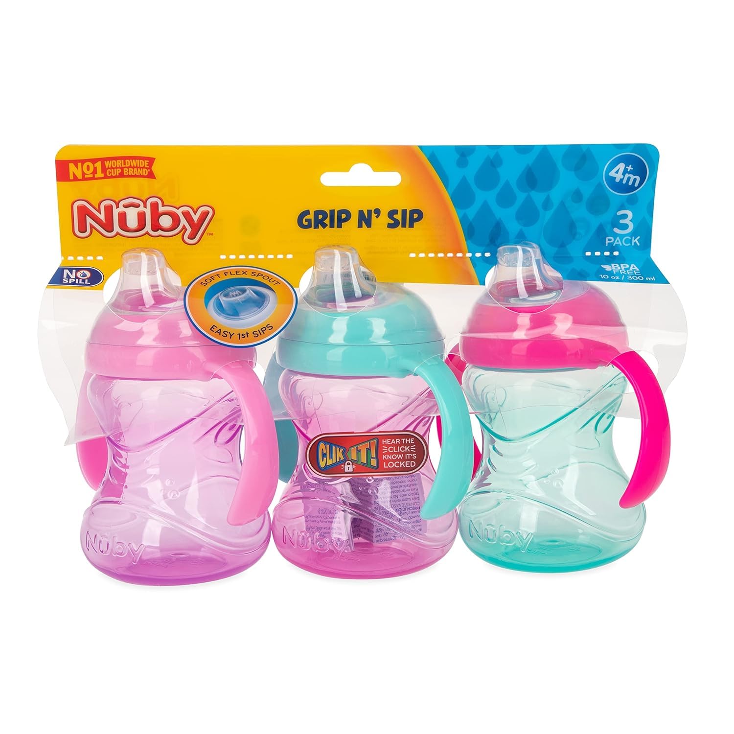 Nuby Clik-It Grip N' Sip 3-Pack Sippy Cups with Soft Spout and Handles - No-Spill Training Cups for Babies 4+ Months - 10 oz (Aqua/Purple/Pink)