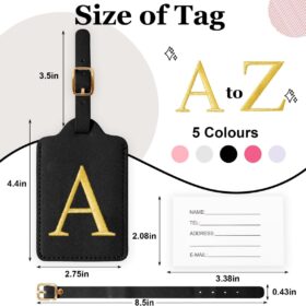 Personalized Embroidered Leather Luggage Tags for Suitcases – Monogrammed Initial Travel Bag Accessories with Privacy Cover (Black-A)