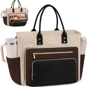 LOVEVOOK Laptop Tote Bag for Women – 15.6 Inch Work Purse with USB Cup Holder, Nurse & Teacher Briefcase, Water-Resistant Travel Diaper Bag