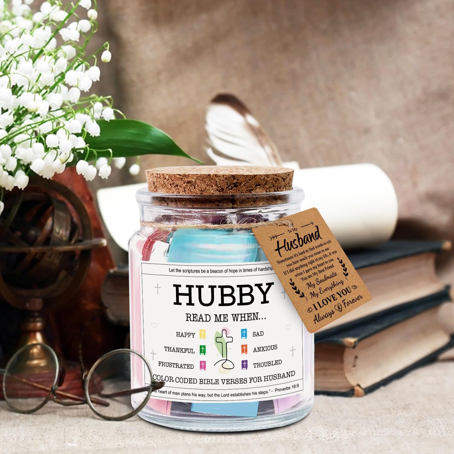 Inspirational Bible Verse Jar for Husband - Christian Gift for Men, Birthday, Anniversary & Valentine’s Day Present with Color-Coded Scripture Rolls
