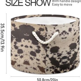 Cow Print Round Storage Basket - Large 20" Faux Cowhide Laundry Hamper - Decorative Organizer Bin for Bedroom, Nursery, Living Room & Bathroom