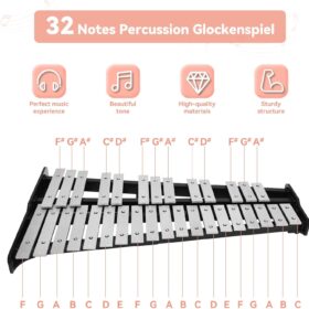 Professional 32-Note Glockenspiel Xylophone Kit with Adjustable Stand, Music Stand & Bag – Silver Aluminum Percussion Instrument for Beginners & Bands
