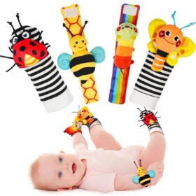 Infinno Garden Bug Wrist Rattles & Foot Finder Socks Set – Sensory Baby Toys for 0-12 Month Newborns – Soft, Educational Developmental Gift for Boys & Girls