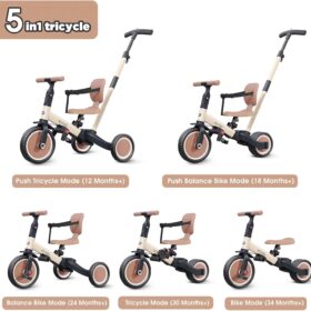 newyoo 5-in-1 Transformable Toddler Tricycle with Parent Push Handle – Adjustable Balance Bike & Trike for 1-3 Years, Includes Safety Belt & Backrest (Khaki)