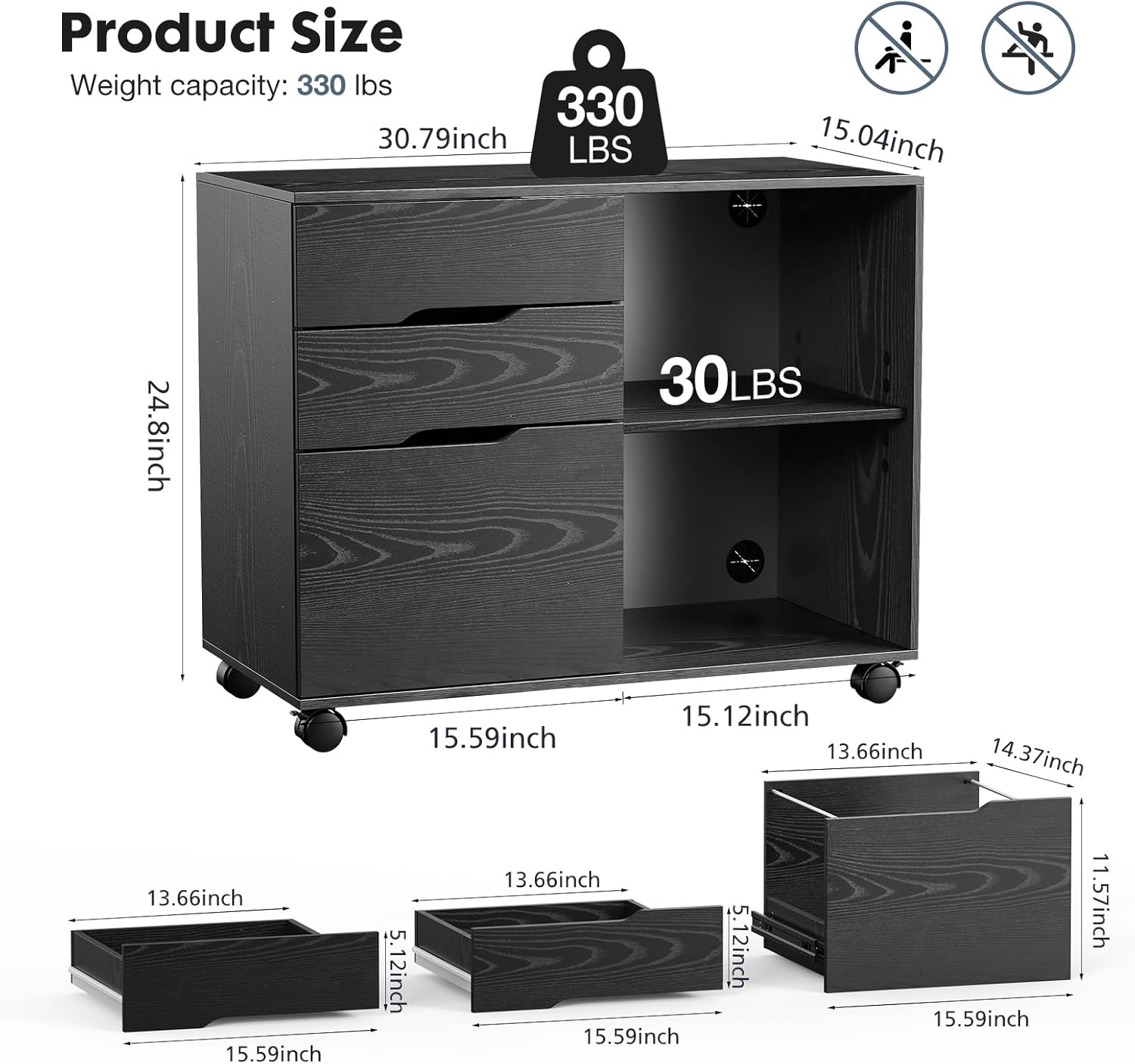 DUMOS 3-Drawer Mobile Lateral File Cabinet - Rolling Under Desk Storage Organizer with Lockable Wheels, Adjustable Shelf & Wood Top for Office & Home (Black)