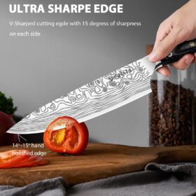 MOSFiATA 8 Inch Pro Chef Knife - German High Carbon Stainless Steel Kitchen Knife with Razor Sharp Edge, Full Tang Micarta Handle, Finger Guard, Sharpener & Premium Gift Box
