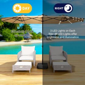 LEVELEVE 14FT Rectangular Solar LED Patio Umbrella with Base & Cross Bar – Khaki Double-Sided Outdoor Market Umbrella with UPF 50+ UV Protection