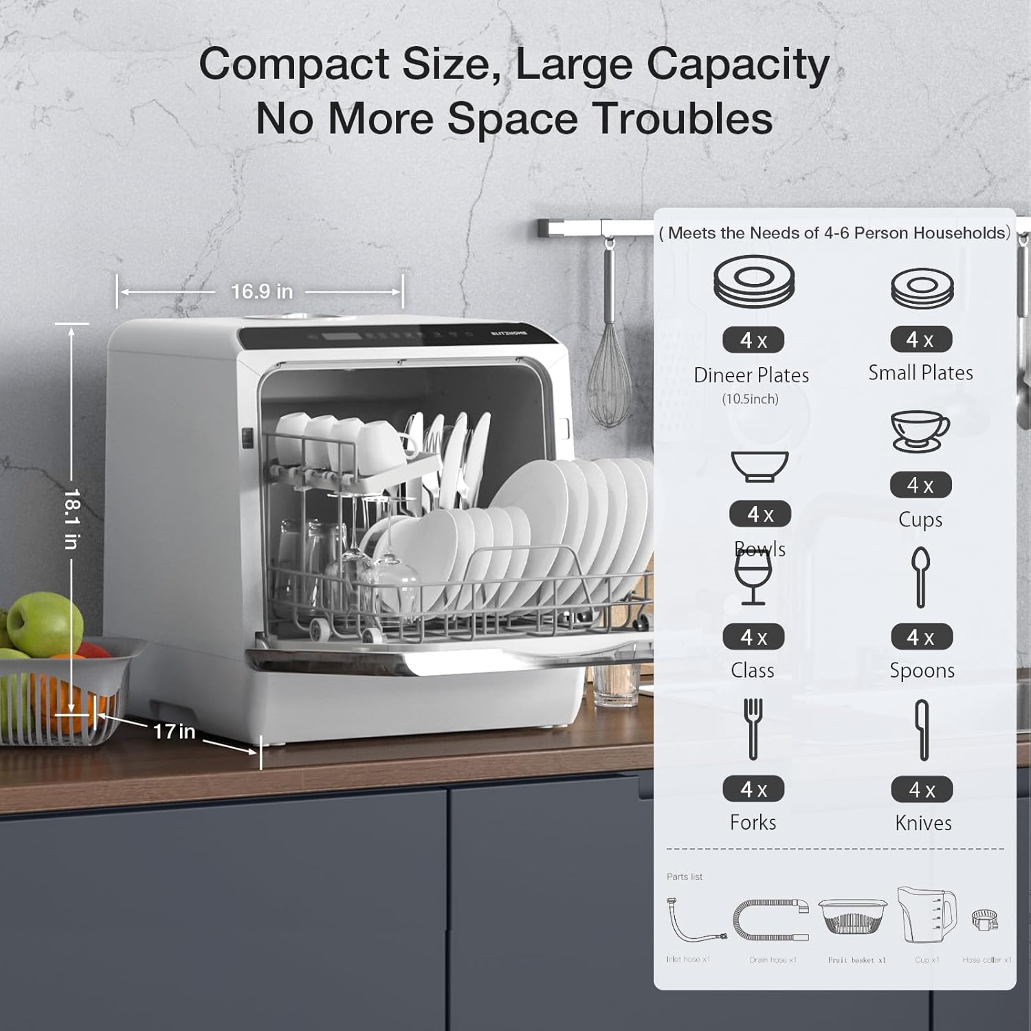 BLITZHOME Smart Countertop Dishwasher with Built-in Water Tank – Compact, Portable Dishwasher with App Control, 6 Programs & Air Dry for Apartments, RVs, and Dorms