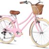 Glerc 24-Inch Beach Cruiser Bike for Girls – 6-Speed Hybrid City Bicycle with Wicker Basket, High-Carbon Steel Frame, and V-Brakes for Youth 8-15 Years